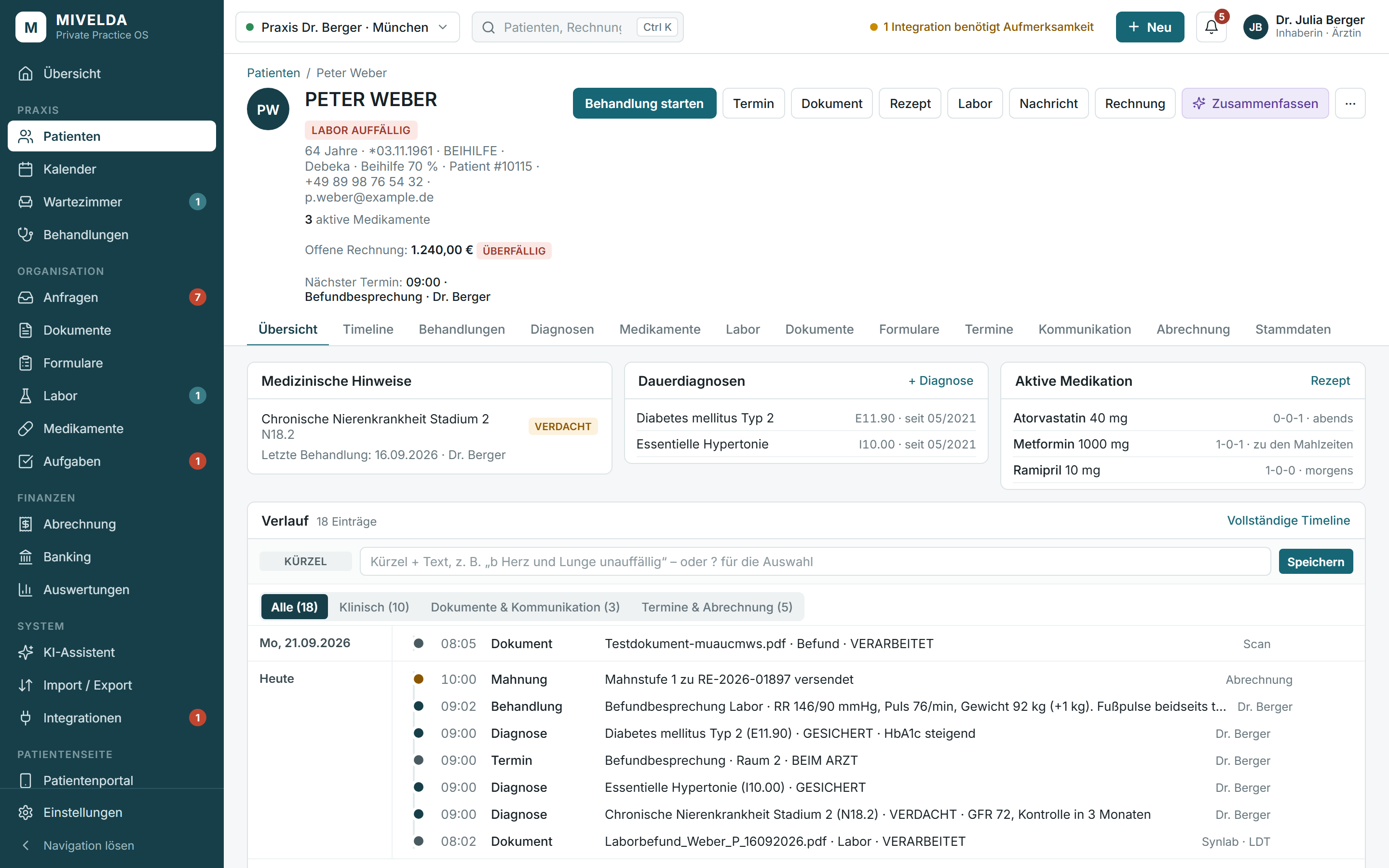 Patientenakte mit chronologischem Verlauf und Karteizeile