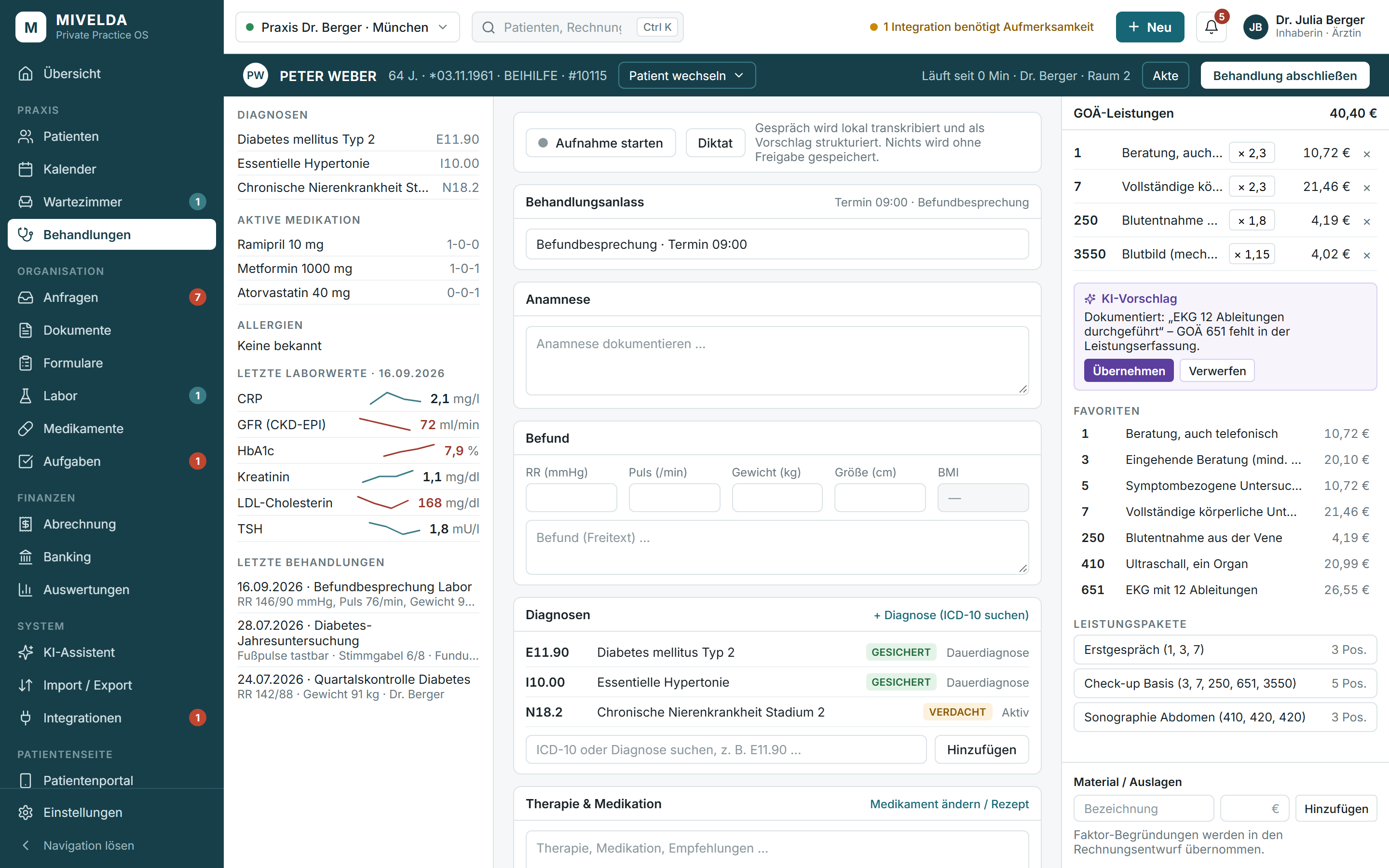 Behandlungs-Workspace mit Dokumentation, Verlauf und KI-Entwurf